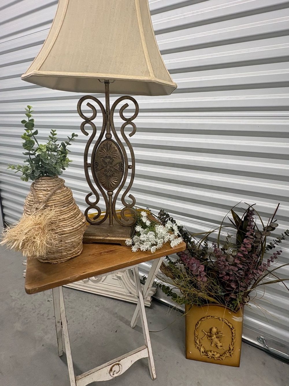 Elegant Tan Table Lamp with Ornate Metal Base - Unbranded